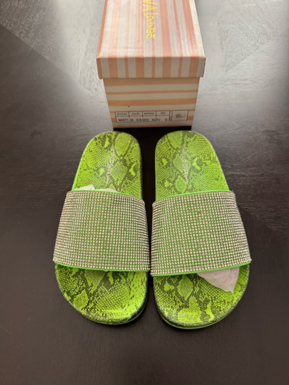 Neon Green Snake Print Rhinestone Slide Sandals